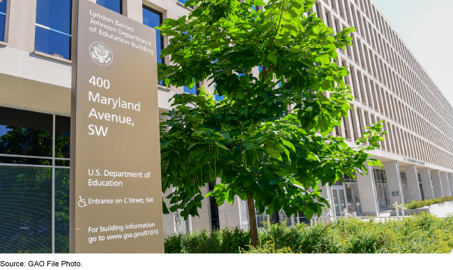 The Lyndon Baines Johnson Department of Education headquarters building and the signage in front of the building that list the Washington DC address. The Lyndon Baines Johnson Department of Education headquarters building and the signage in front of the building that list the Washington DC address.