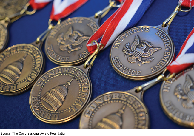 A collection of Congressional medals on red, white, and blue lanyards set on a blue background