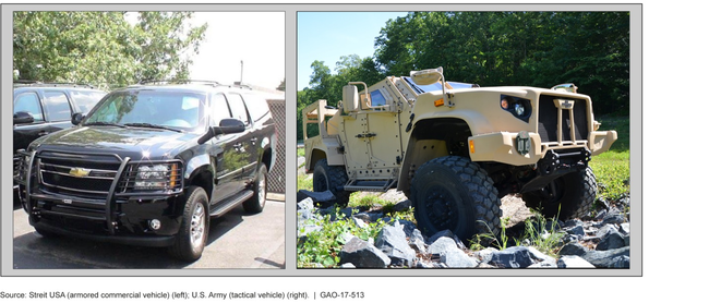Armored Commercial Passenger-Carrying Vehicle (left) Compared to Tactical Vehicle (right).