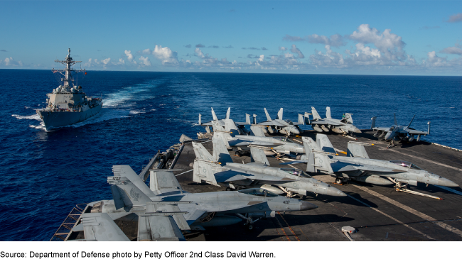 Military aircraft on the deck of an aircraft carrier with a smaller vessel following behind