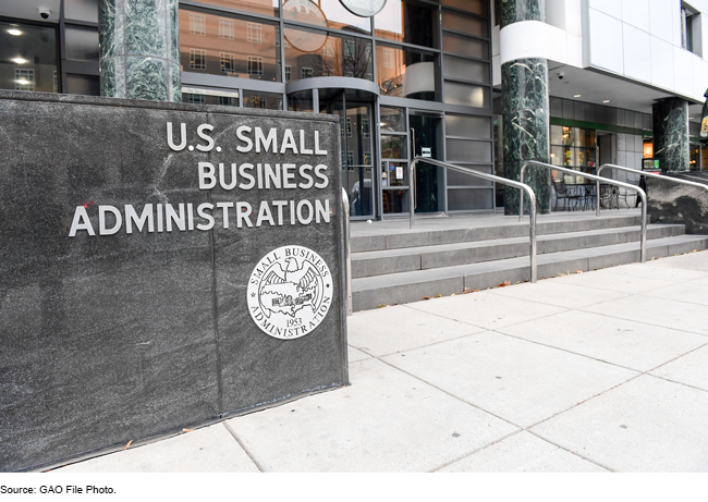 Photo of the exterior of the Small Business Administration building showing its sign and seal. 