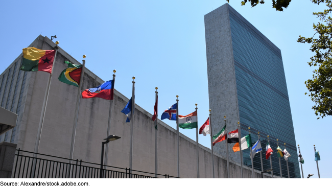 Different country flags outside of a building