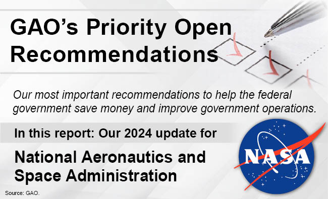 Graphic that says, "GAO's Priority Open Recommendations" and includes the NASA seal. 