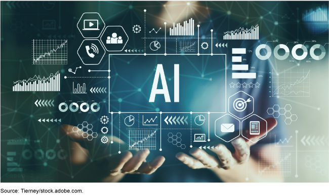 A person with their hands facing up, with several icons and infographic elements floating over the hands with the letters A and I in the middle of the image inside an outlined box. A person with their hands facing up, with several icons and infographic elements floating over the hands with the letters A and I in the middle of the image inside an outlined box.
