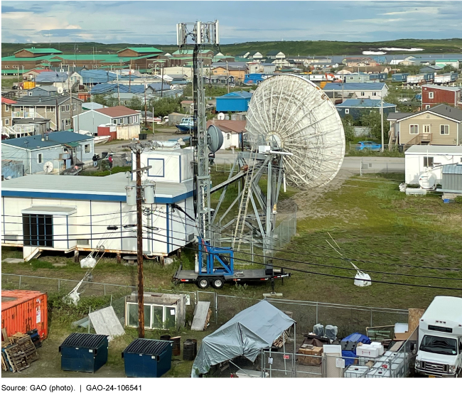 Wireless telecommunications equipment located in the middle of a neighborhood in Kotzebue, Alaska.