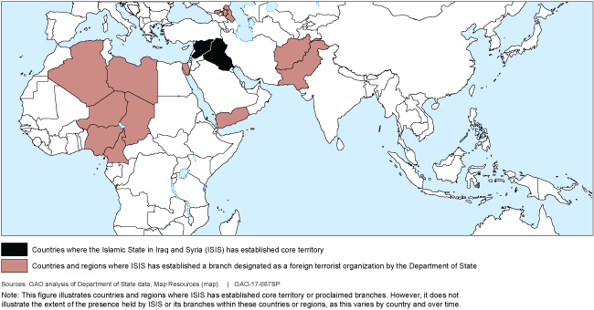 Map showing countries and regions where ISIS is located in Africa, Eurasia, and the Middle East. 