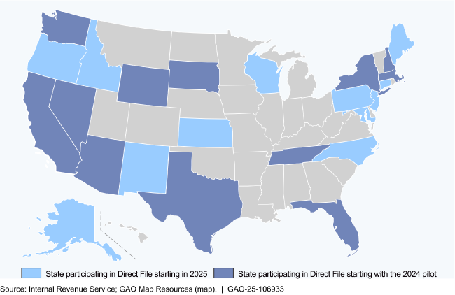 Map of the United States with some states shaded to show where Direct File is available starting in 2024 and 2025