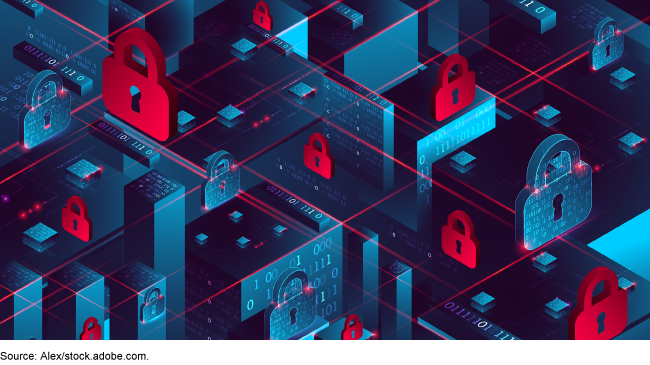 An illustration of floating digital locks and code in red and blue shades.