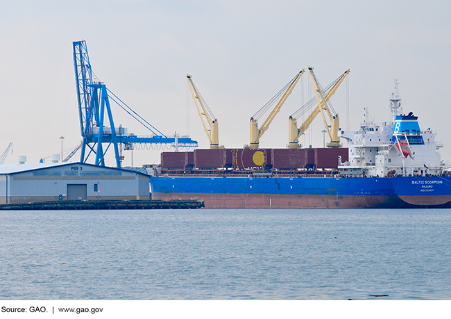 Large ship and cranes at port