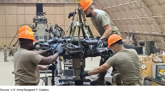 people dressed in fatigues and wearing hardhats while working in a hangar