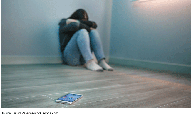 A person sitting alone on the floor with their back against a wall and their head down resting on their knees.