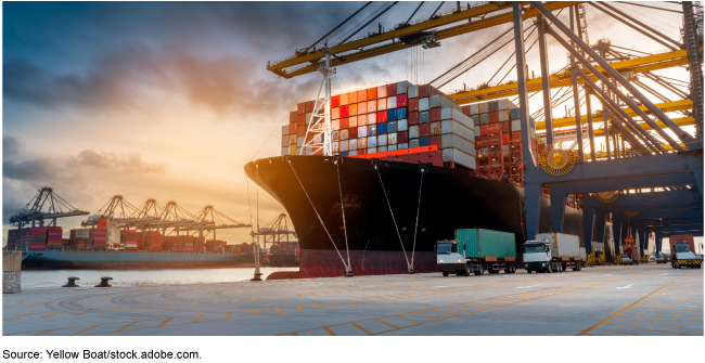 A docked cargo vessel