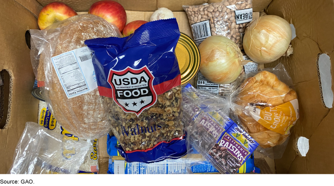 Box of bread, walnuts, onions, fruit, and other foods