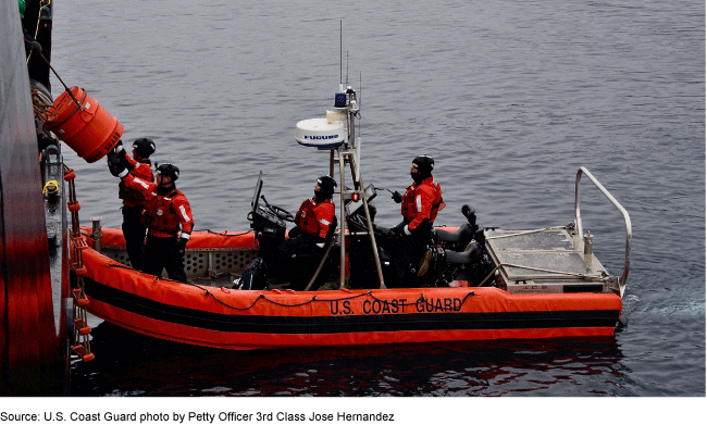 A U.S. Coast Guard boat moving equipment from a smaller boat to a larger boat. A U.S. Coast Guard boat moving equipment from a smaller boat to a larger boat.