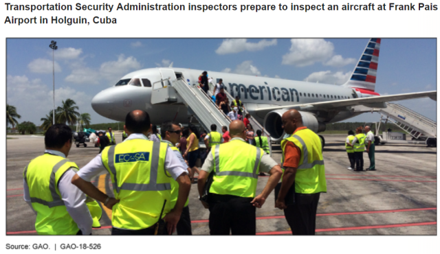 Photo showing Transportation Security Administration Inspectors preparing to inspect an aircraft at Frank Pais Airport in Holguin, Cuba