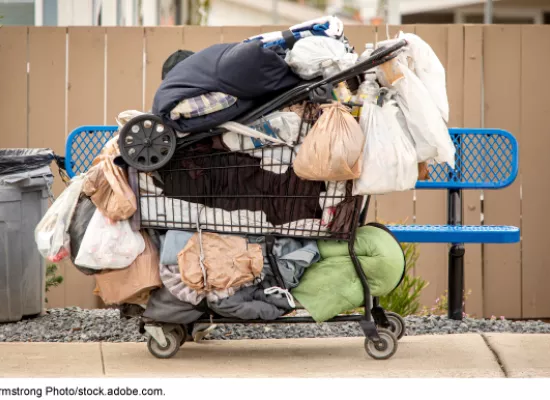 Stock image showing a shopping cart next to a park bench. The shopping cart is overloaded with belongings.