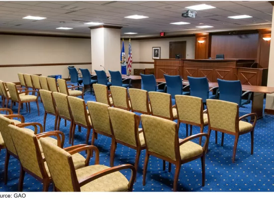 Photo showing GAO's Bid Protest Hearing Room in our Washington, D.C. Headquarter Building