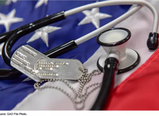 Stock art showing stethoscope, dog tags sitting on an American flag.