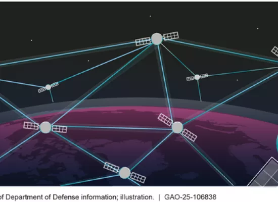 Illustration showing satellite communication in space--with a mesh network connecting several satellites.