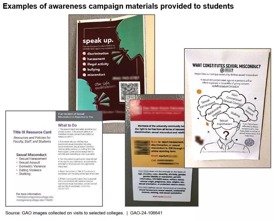 Graphic showing different types of brochures and other education materials about harassment and assault.