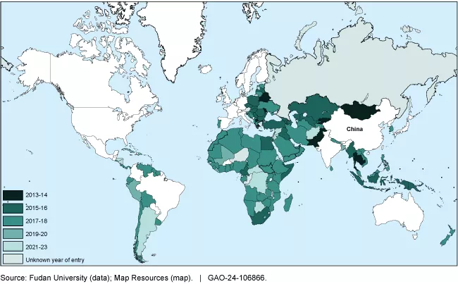 Global map showing countries with BRI agreements and their year of entry into the initiative. 