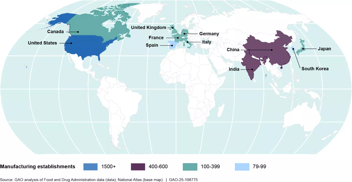 Number of Establishments in the U.S. and the 10 Countries with the Most Foreign Establishments Manufacturing Drugs for the U.S. Market as of January 2024