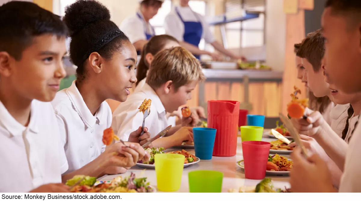 Stock image photo showing students in school uniforms eating lunch together in a cafeteria setting.