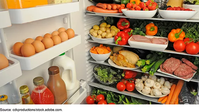 Stock image showing an open refrigerator stocked with food like eggs, vegetables, milk and meats.