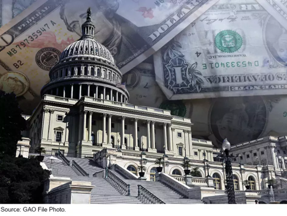 Illustration showing Congress in the foreground and money in <a href=