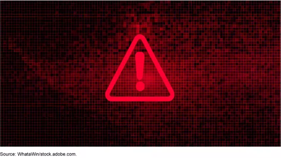 Illustration of a warning sign on a computer screen indicating a ransomware attack.