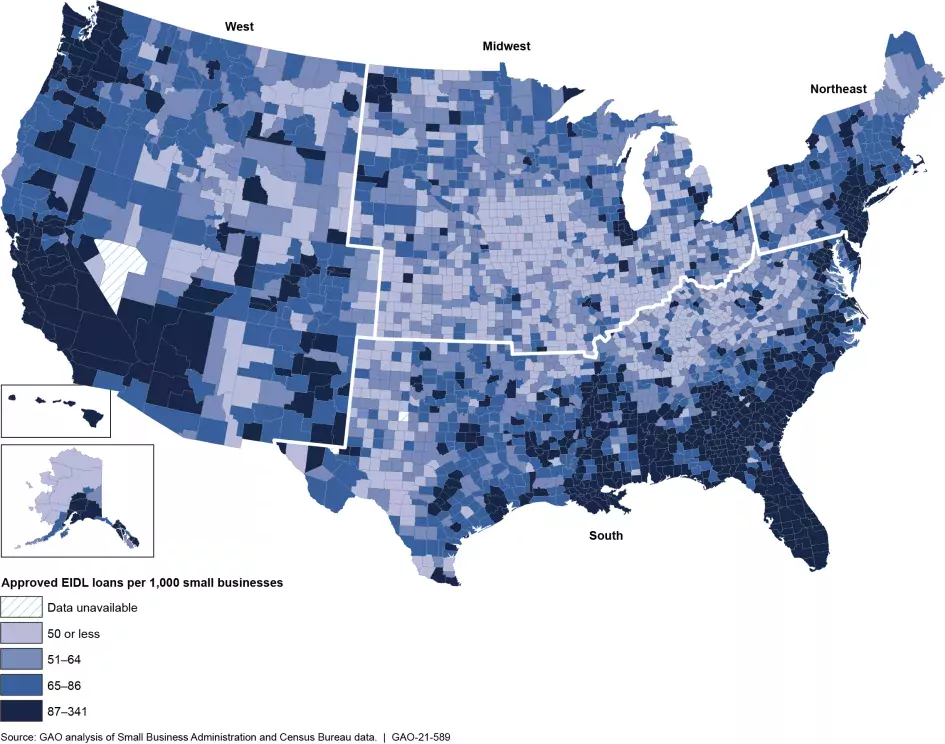 Map of U.S. showing the location of approved EIDL small business loans from March 2020-February 2021