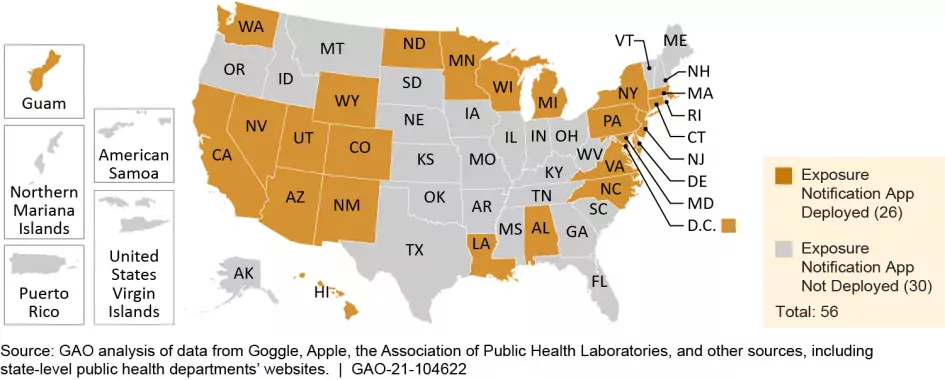 U.S. map showing states with exposure notification apps, and those without