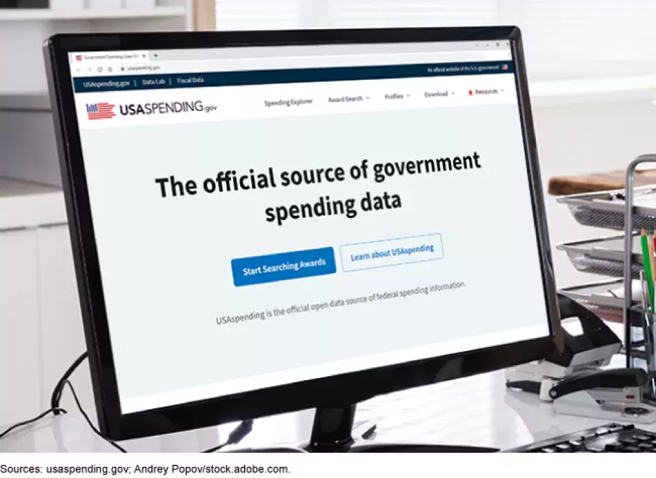 Illustration showing the USASpending.gov website on a desktop computer screen.