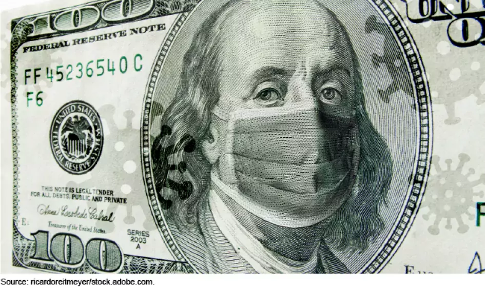 Illustration of a $100 bill with a mask over Ben Franklin