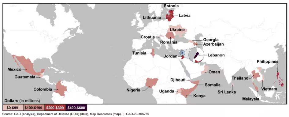 Global map showing countries that received the most assistance during fiscal years 2018-2022.