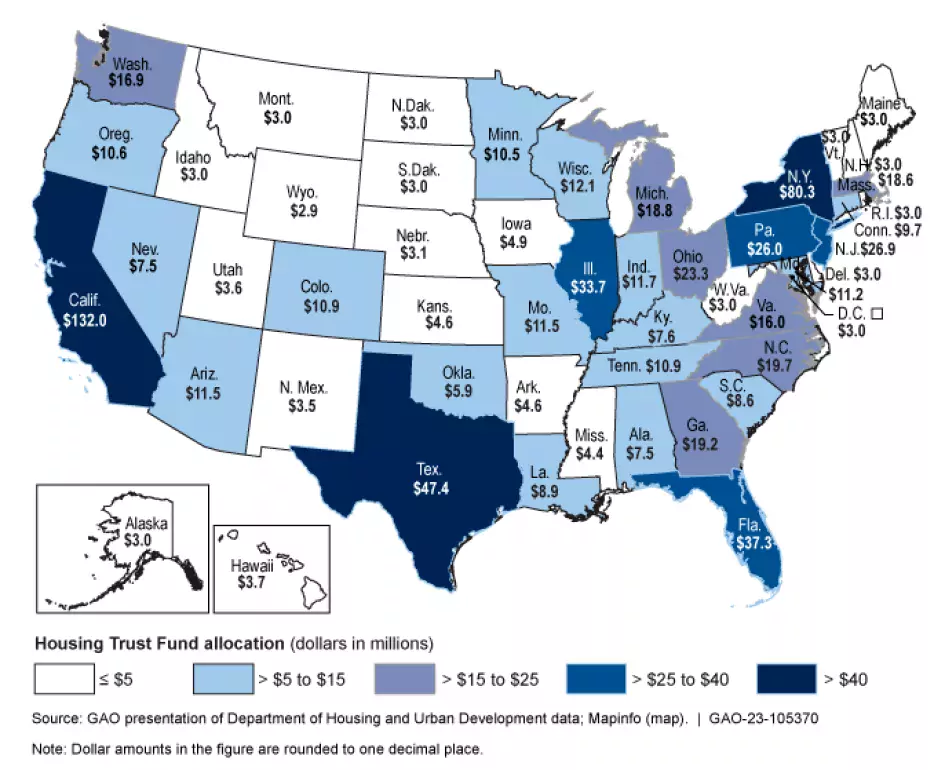 Map of the U.S. showing the amount of Housing Trust Fund allocations, by state in 2022.