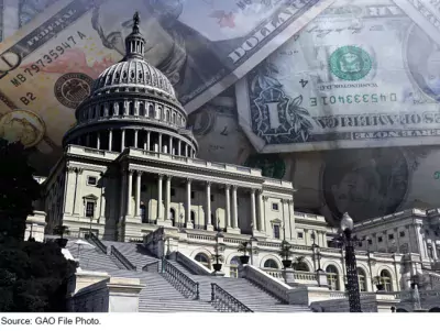 Illustration showing Congress in the foreground and money in the background where clouds should be.