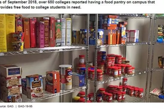 Photo of canned goods and others on food pantry shelves.