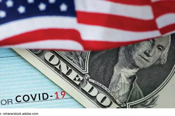 Illustration showing a U.S. Flag, dollar bill and COVID-19 check