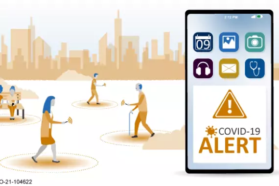 Exposure notification illustration. A smartphone on the right with cartoon people wandering around on their phones in the background