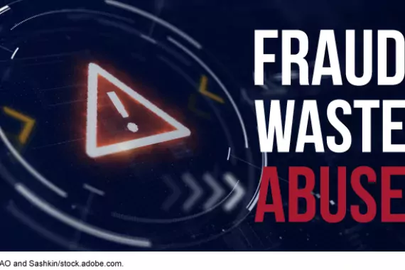 a red exclamation mark in a triangle next to the words &quot;Fraud Waste + Abuse&quot;