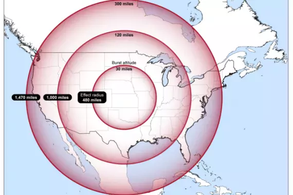 Figure 1: Example of Estimated Impact Area of High-Altitude Electromagnetic Pulse, by Height of Burst