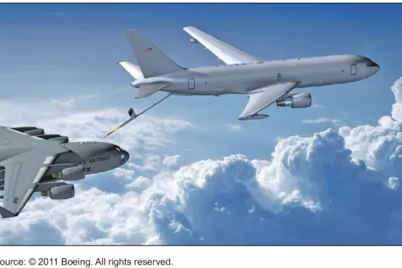 A visualization of the K-46A tanker aircraft refueling a C-17 aircraft, from our DOD Quick Look.